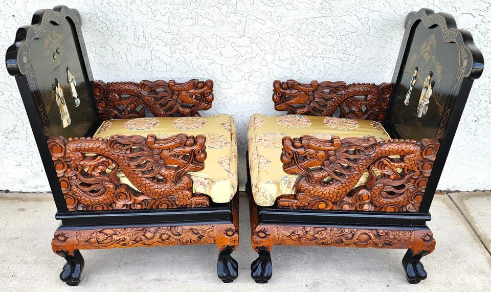 Chinese Hand-Carved Dragon Throne Armchairs Pair