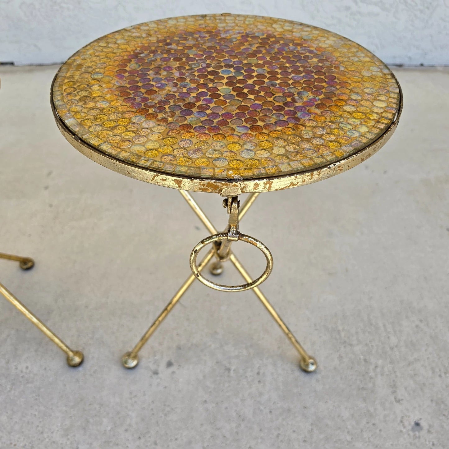 Italian Gold Gilt Folding Mosaic Side Drink Tables 1960s Pair