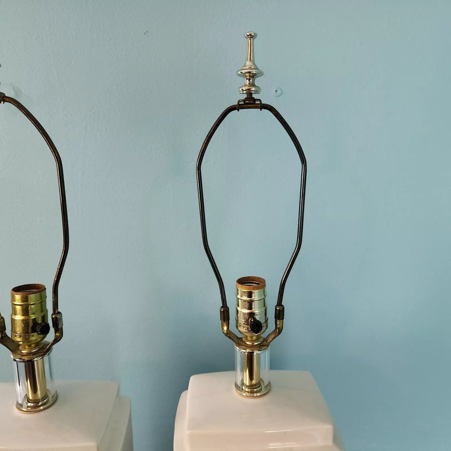 Vintage MCM Bauer Table Lamps Ceramic Lucite White Pair