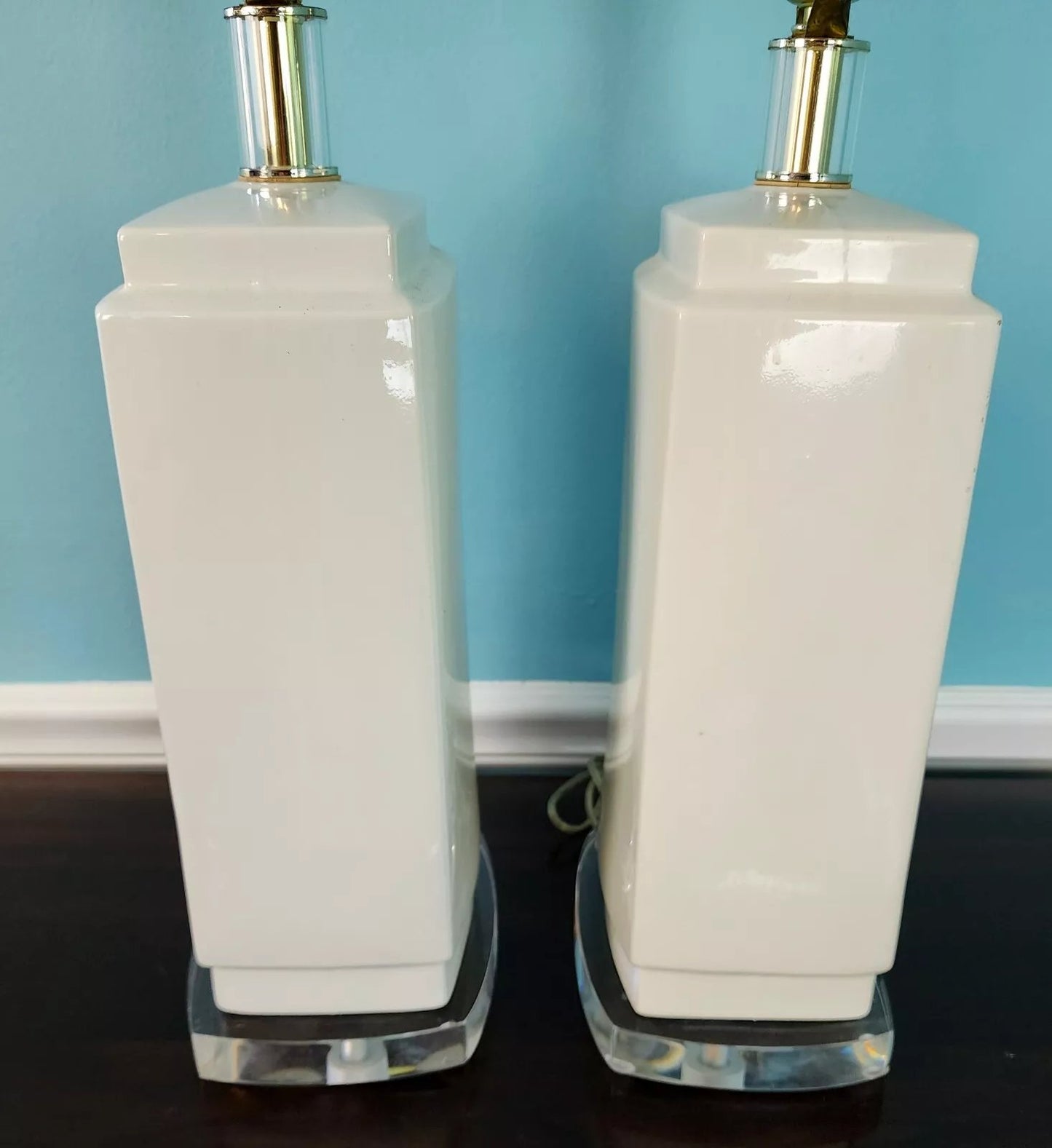 Vintage MCM Bauer Table Lamps Ceramic Lucite White Pair