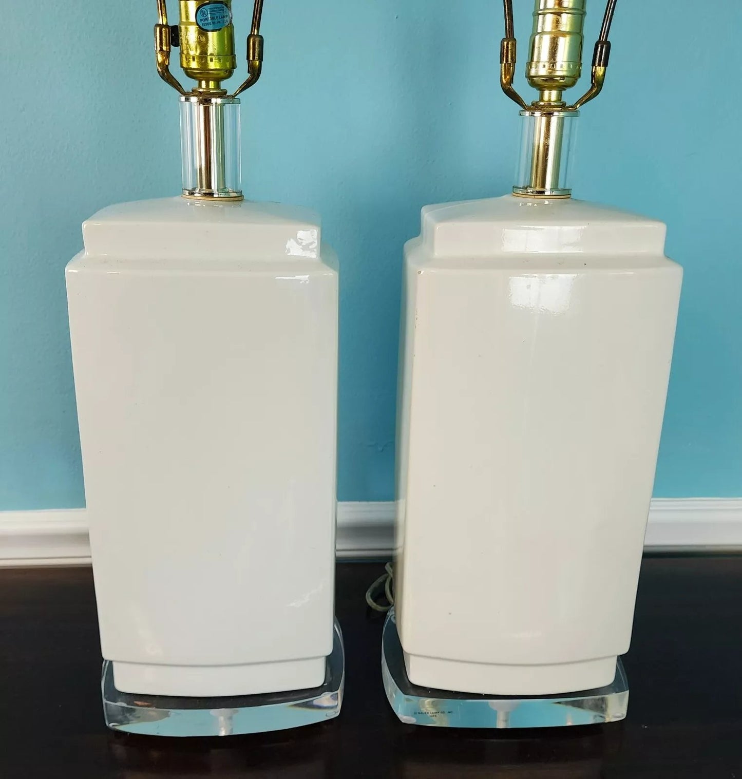 Vintage MCM Bauer Table Lamps Ceramic Lucite White Pair