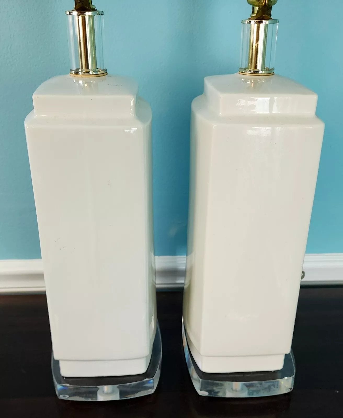 Vintage MCM Bauer Table Lamps Ceramic Lucite White Pair
