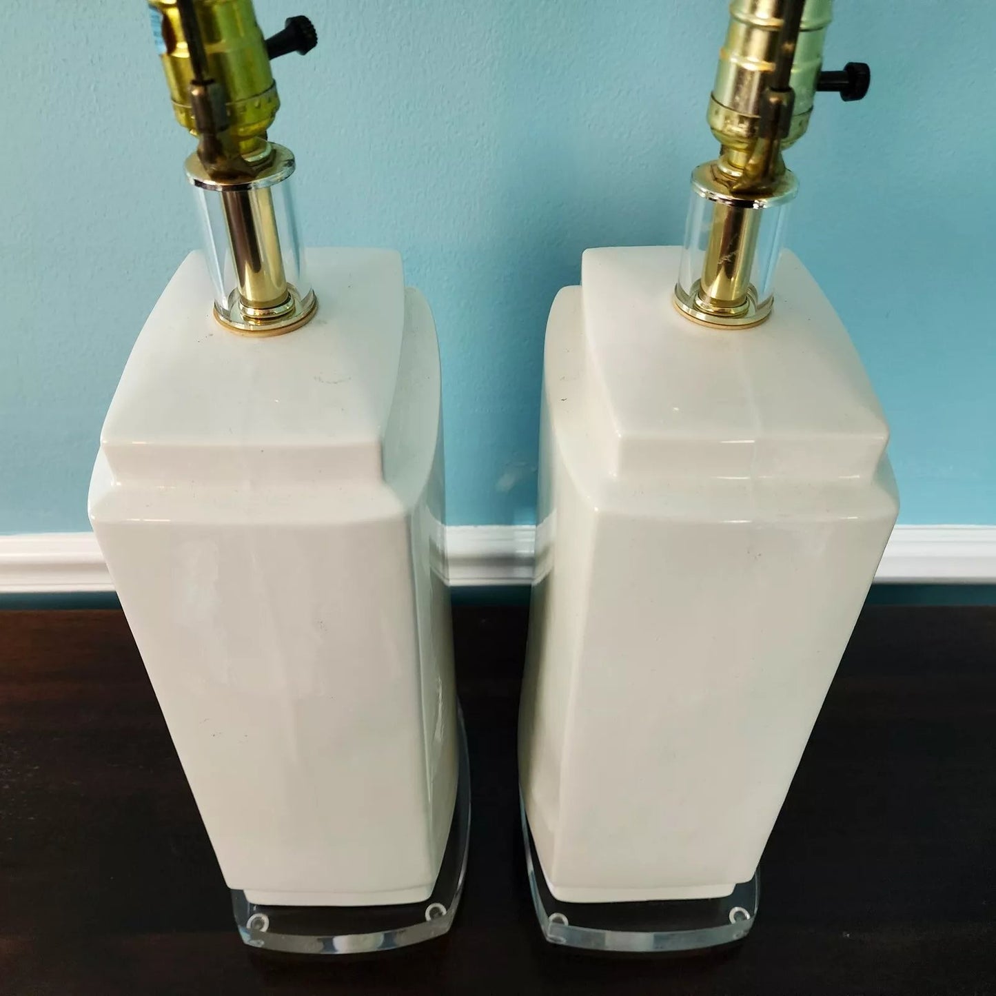 Vintage MCM Bauer Table Lamps Ceramic Lucite White Pair