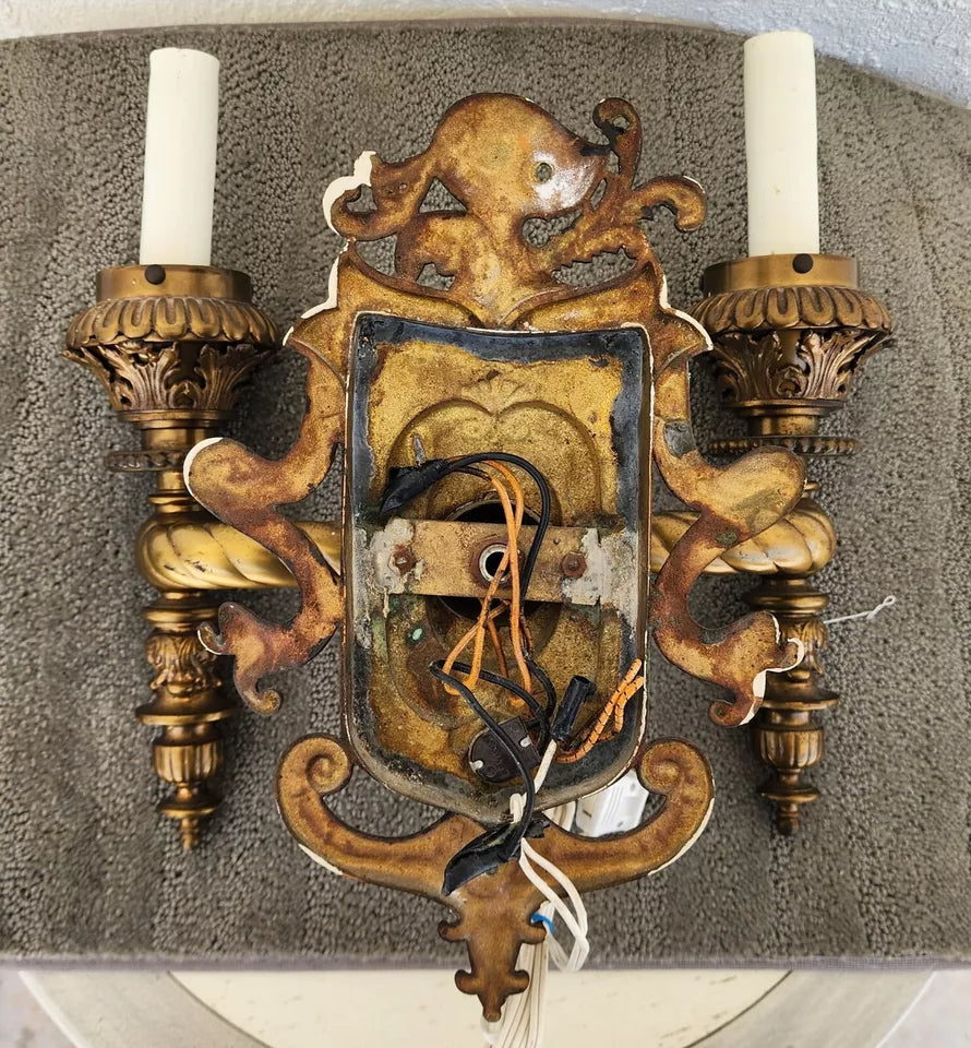 Antique 1800s French Sconce Light Solid Brass Converted Oil Lamp