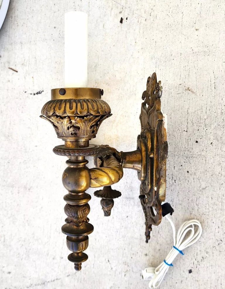 Antique 1800s French Sconce Light Solid Brass Converted Oil Lamp