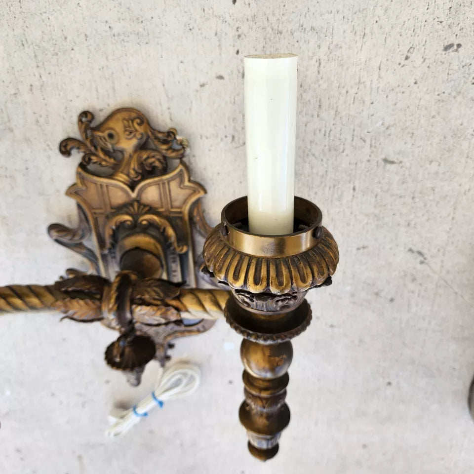 Antique 1800s French Sconce Light Solid Brass Converted Oil Lamp