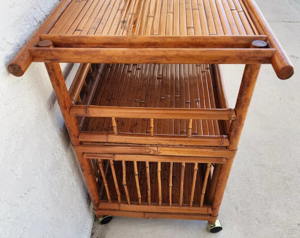 Asian Tiger Bamboo Bar Serving Cart Pagoda Vinatge