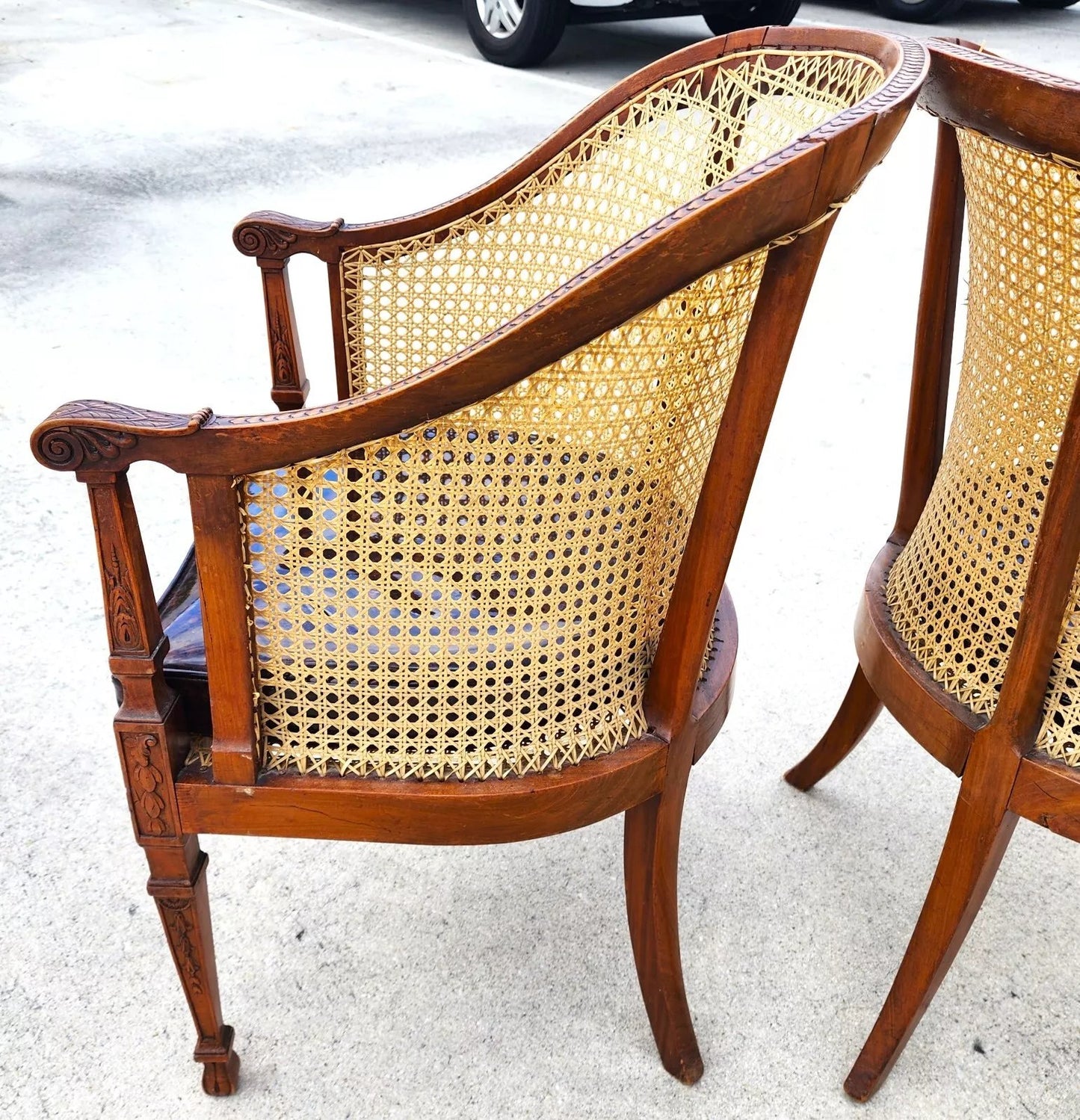 Antique Regency Walnut Caned Chairs Bergere Pair
