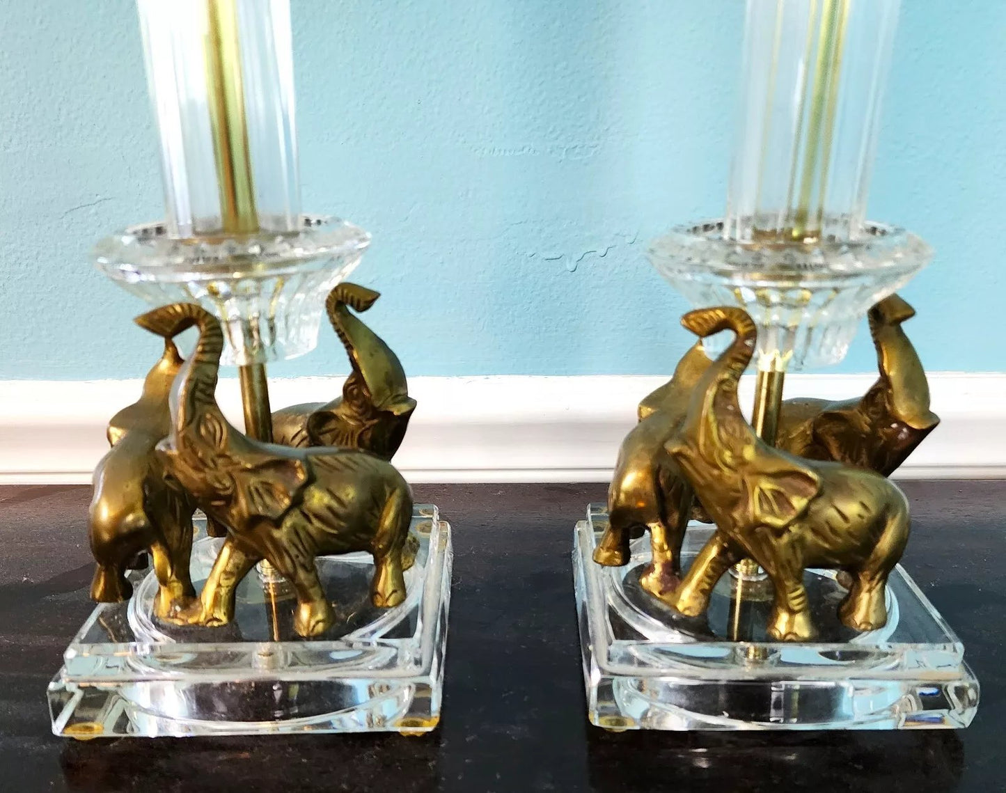 Vintage Crystal Brass Elephant Table Lamps Pair