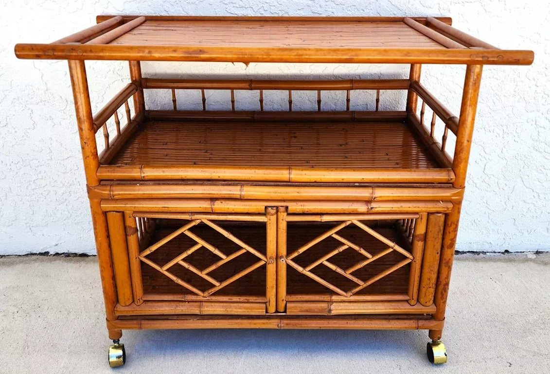 Asian Tiger Bamboo Bar Serving Cart Pagoda Vinatge