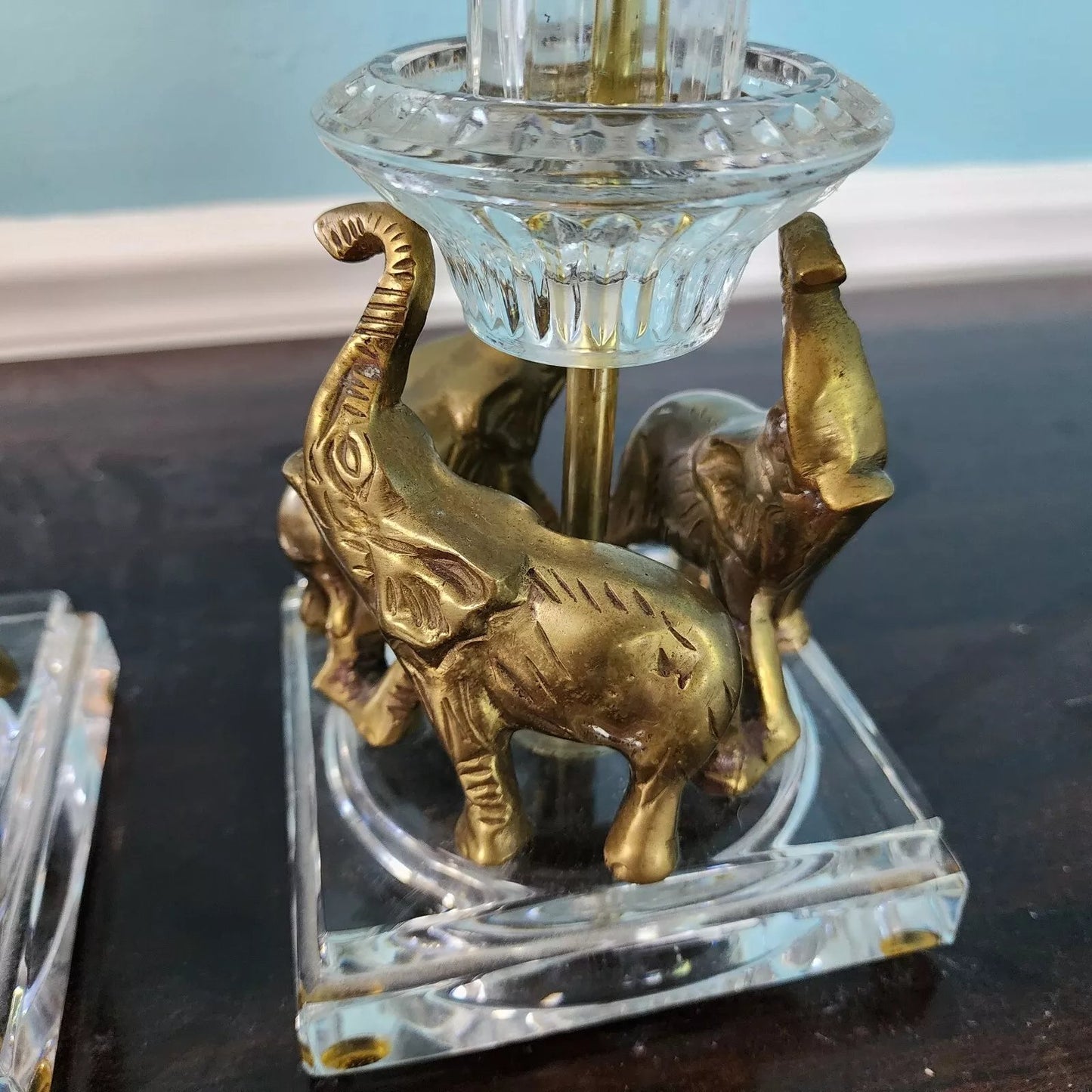 Vintage Crystal Brass Elephant Table Lamps Pair