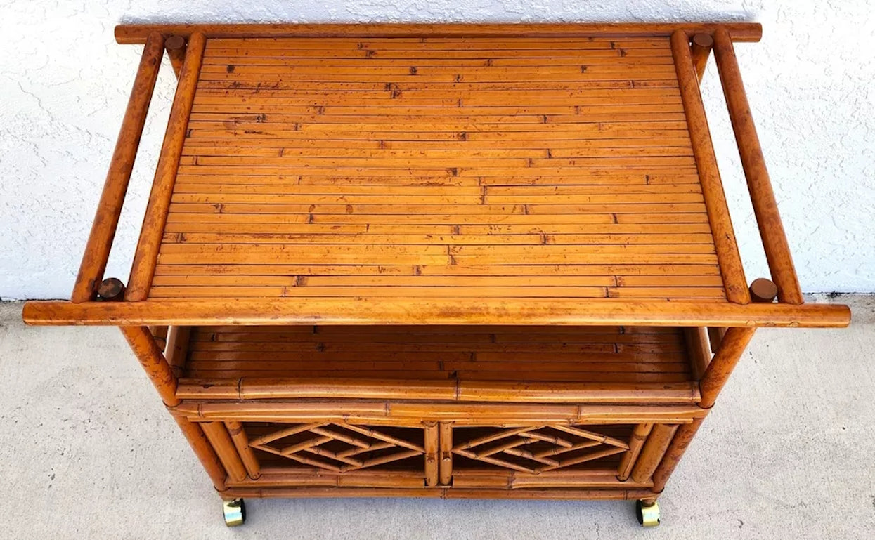 Asian Tiger Bamboo Bar Serving Cart Pagoda Vinatge