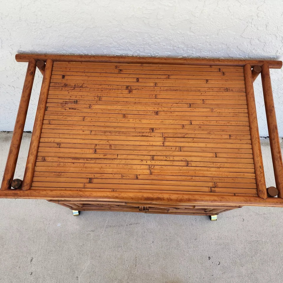 Asian Tiger Bamboo Bar Serving Cart Pagoda Vinatge