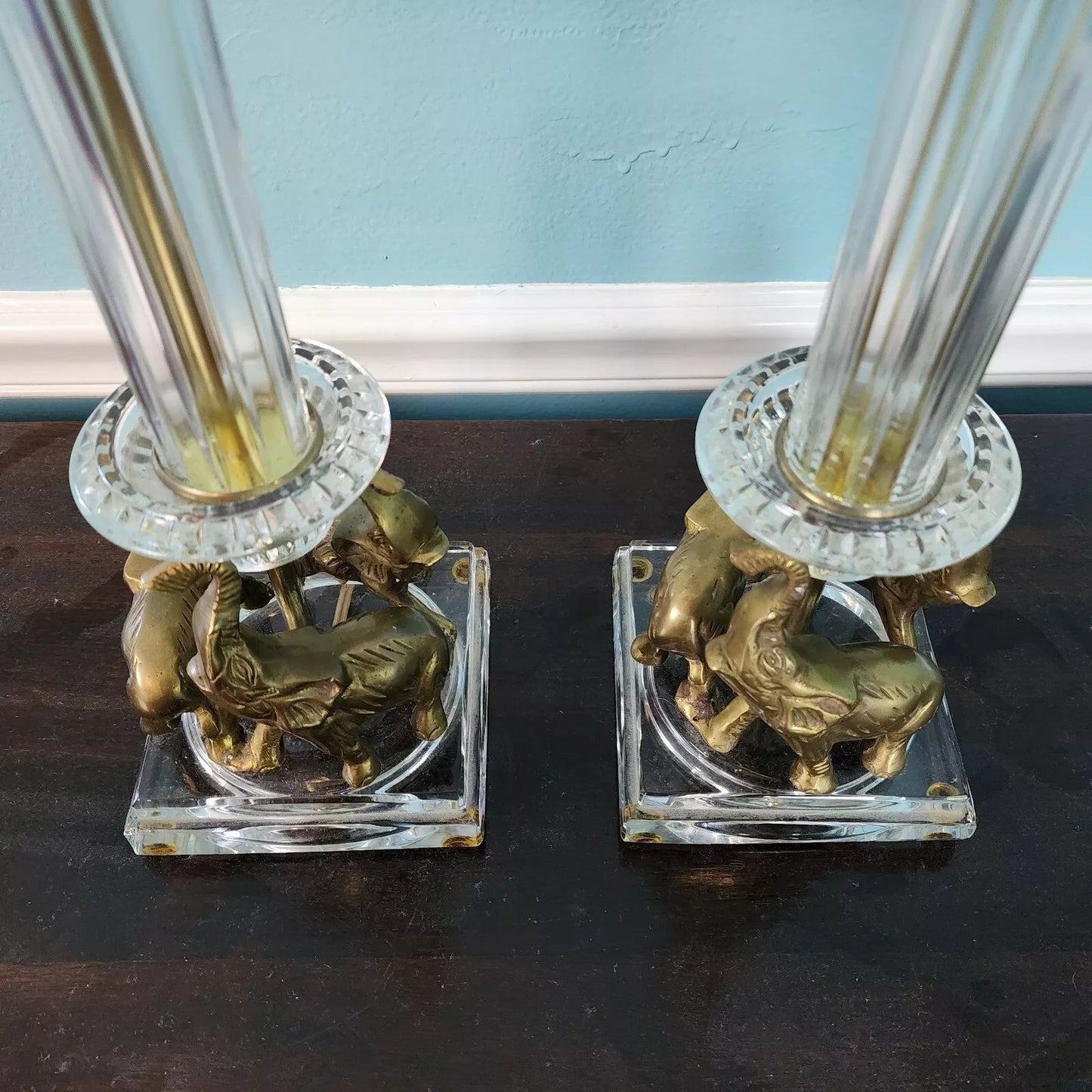 Vintage Crystal Brass Elephant Table Lamps Pair