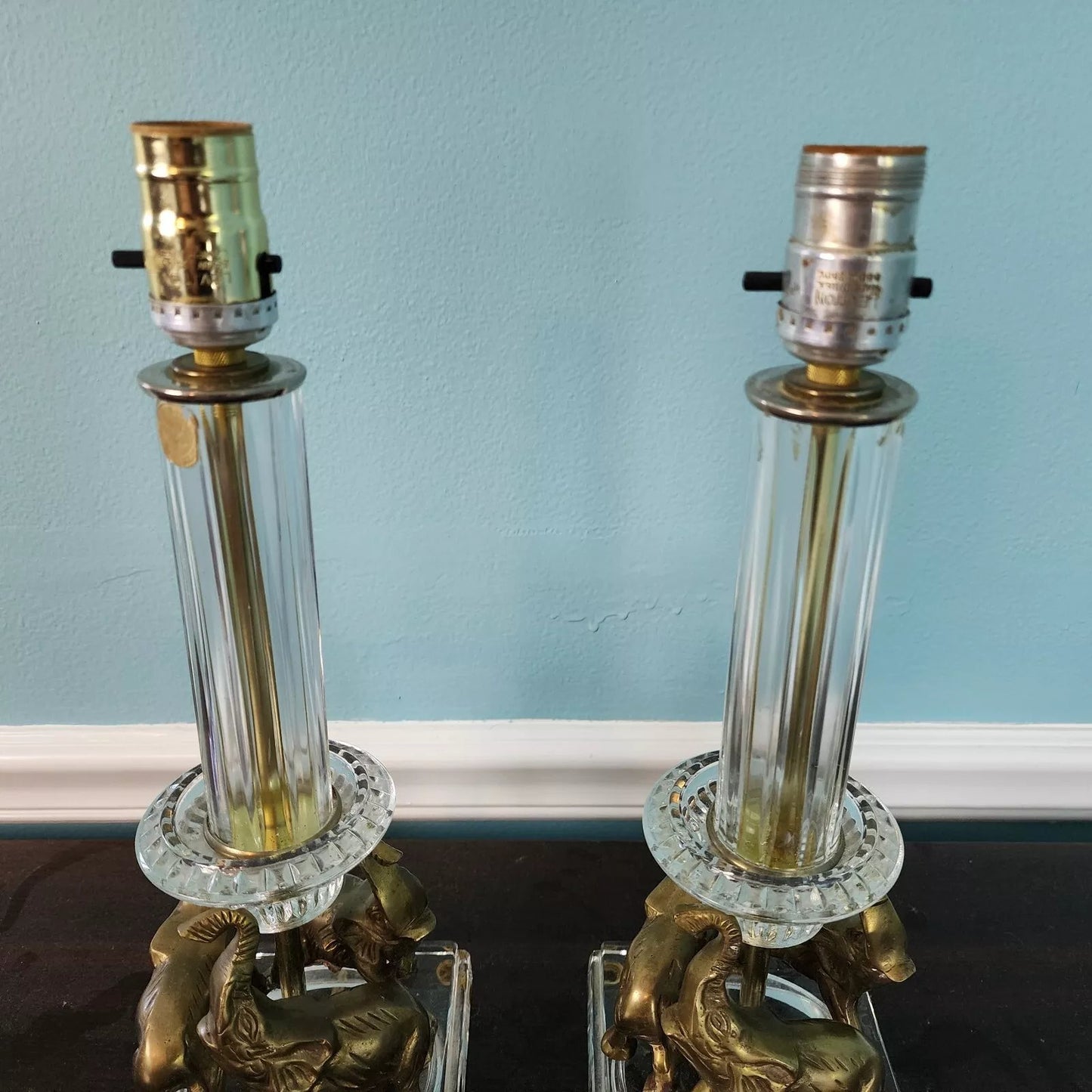 Vintage Crystal Brass Elephant Table Lamps Pair