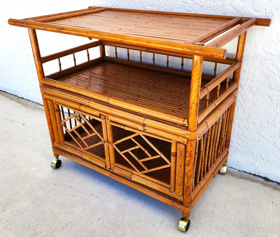 Asian Tiger Bamboo Bar Serving Cart Pagoda Vinatge
