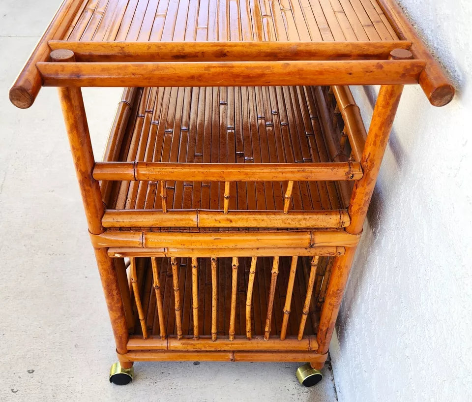 Asian Tiger Bamboo Bar Serving Cart Pagoda Vinatge