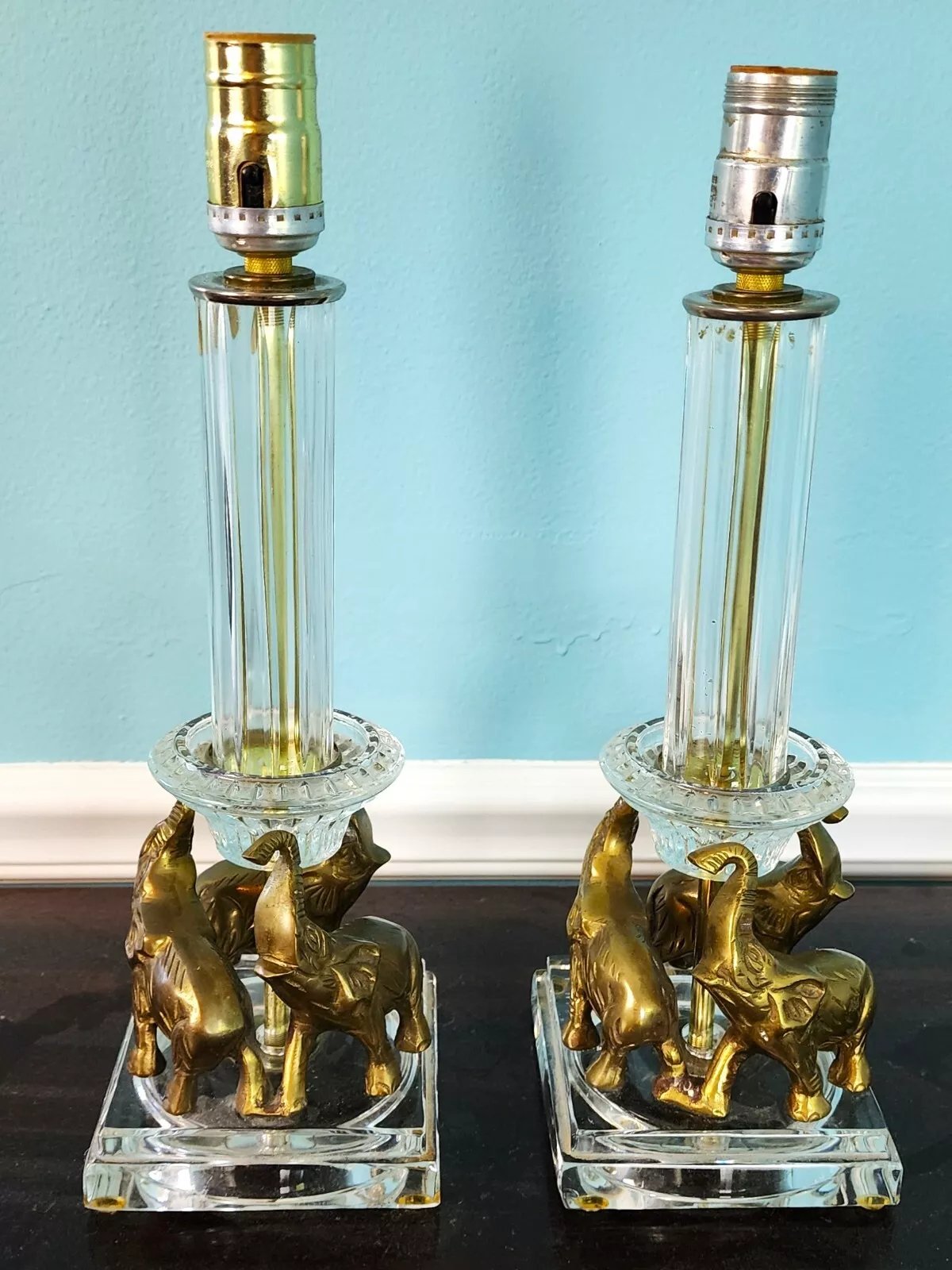 Vintage Crystal Brass Elephant Table Lamps Pair