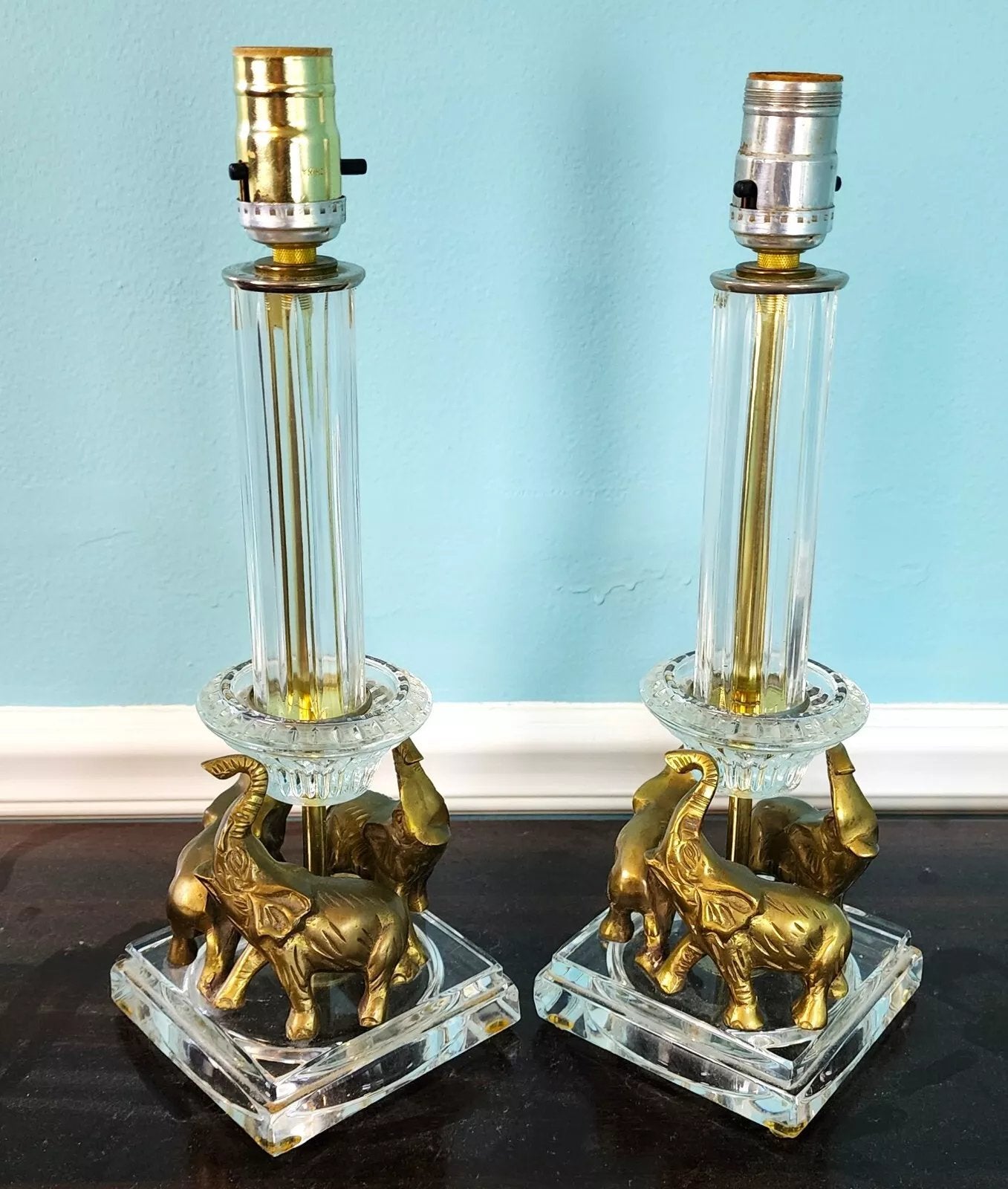 Vintage Crystal Brass Elephant Table Lamps Pair