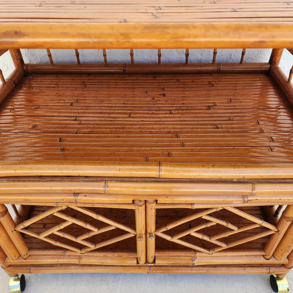 Asian Tiger Bamboo Bar Serving Cart Pagoda Vinatge