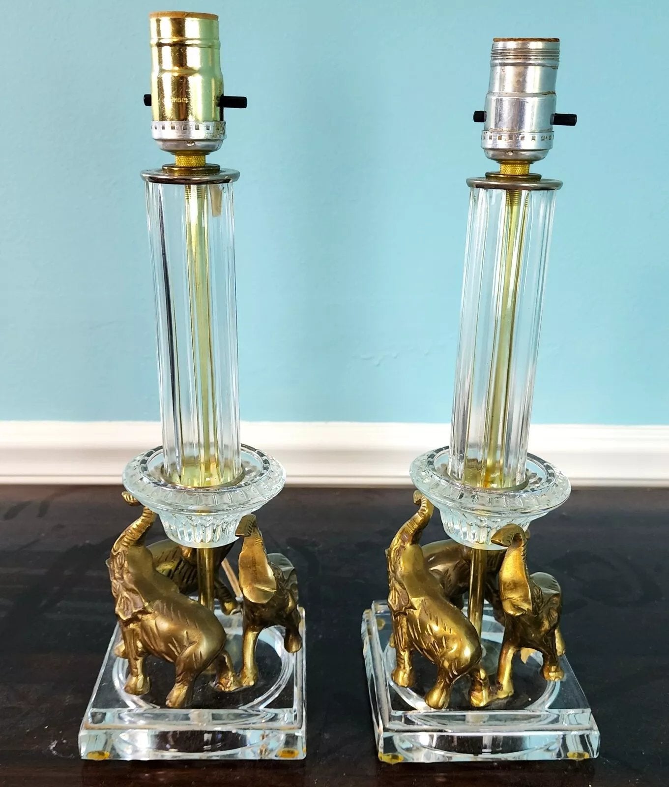 Vintage Crystal Brass Elephant Table Lamps Pair