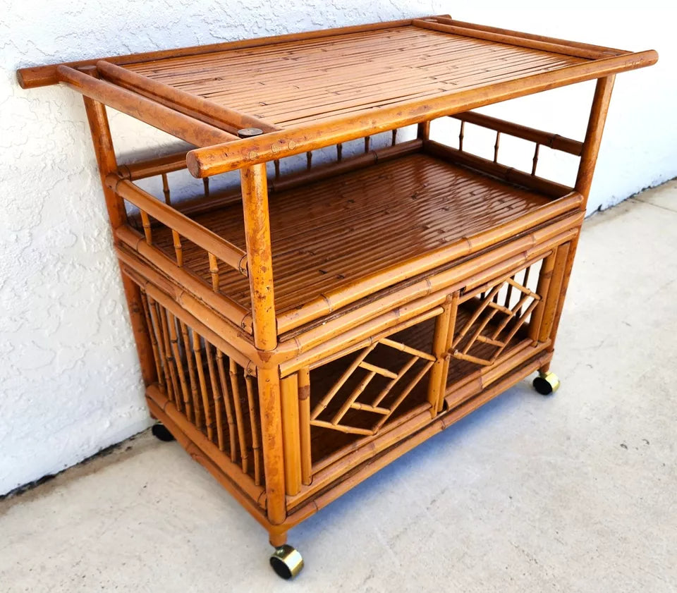 Asian Tiger Bamboo Bar Serving Cart Pagoda Vinatge