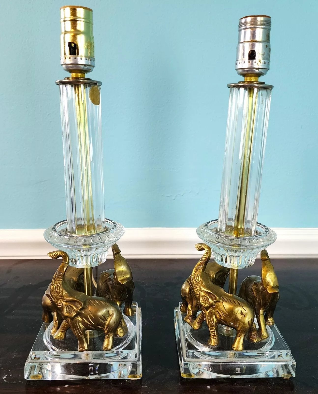 Vintage Crystal Brass Elephant Table Lamps Pair