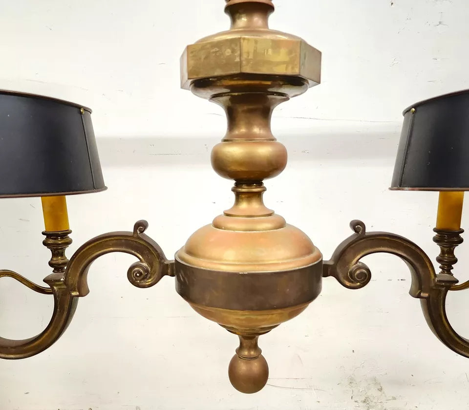 French Double Bouillotte Brass Chandelier 1940s