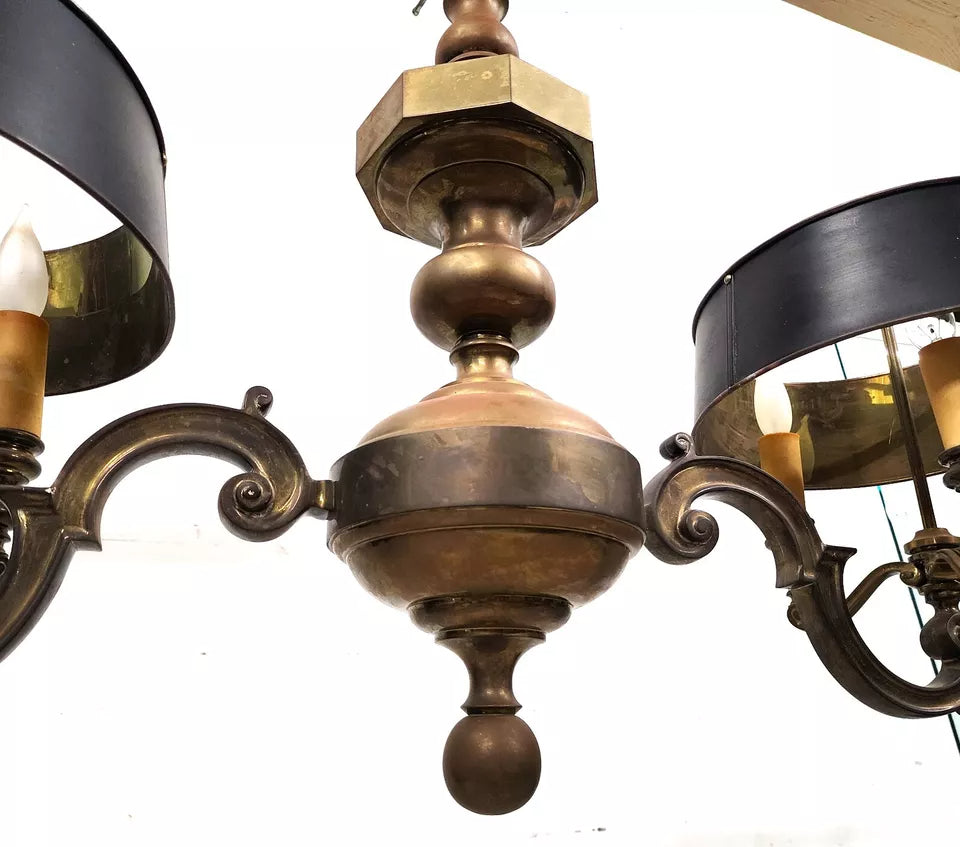 French Double Bouillotte Brass Chandelier 1940s
