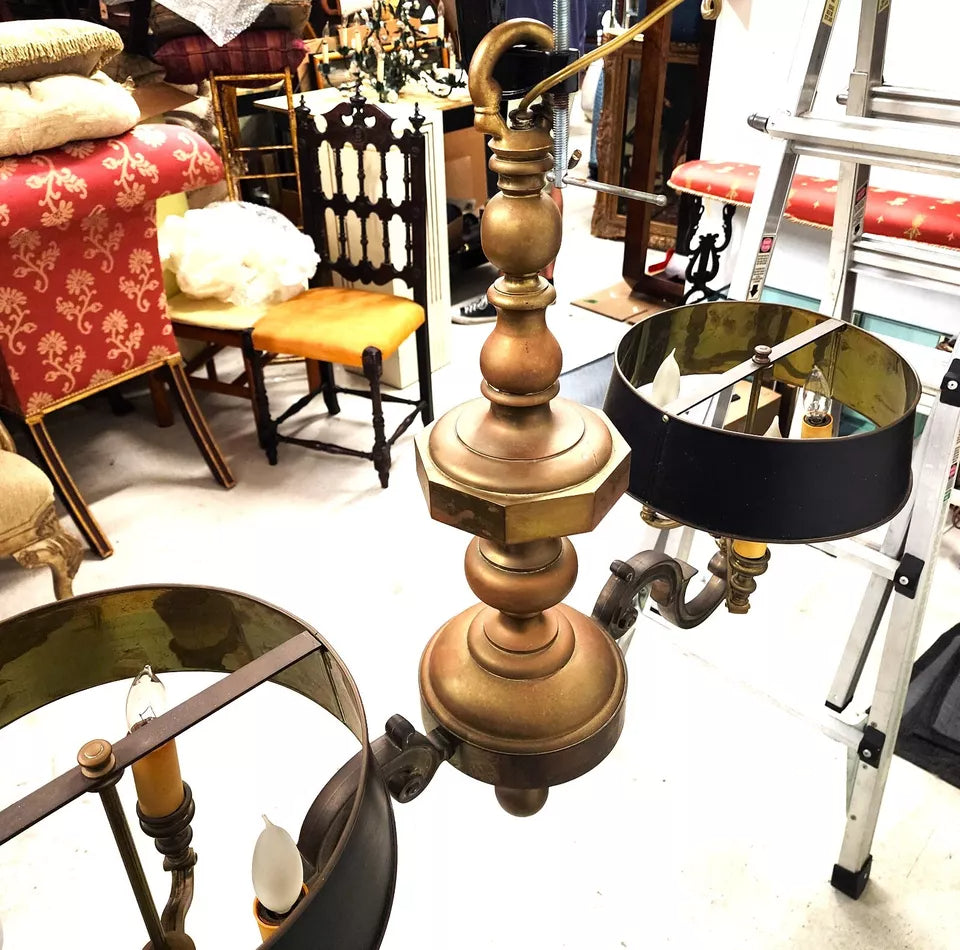 French Double Bouillotte Brass Chandelier 1940s