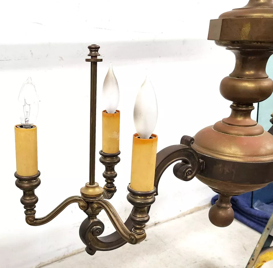 French Double Bouillotte Brass Chandelier 1940s