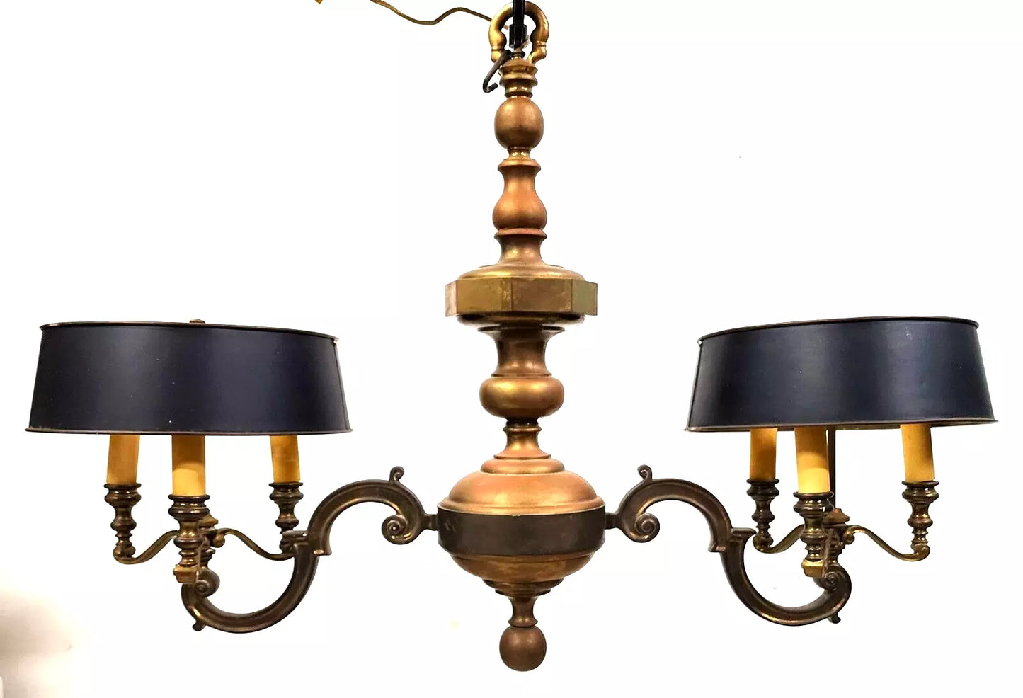 French Double Bouillotte Brass Chandelier 1940s