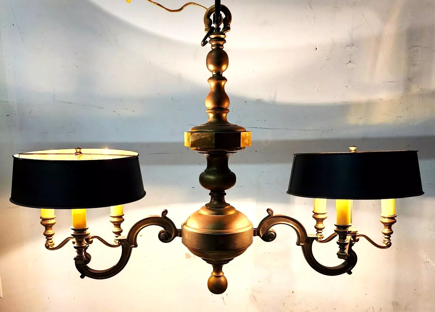 French Double Bouillotte Brass Chandelier 1940s