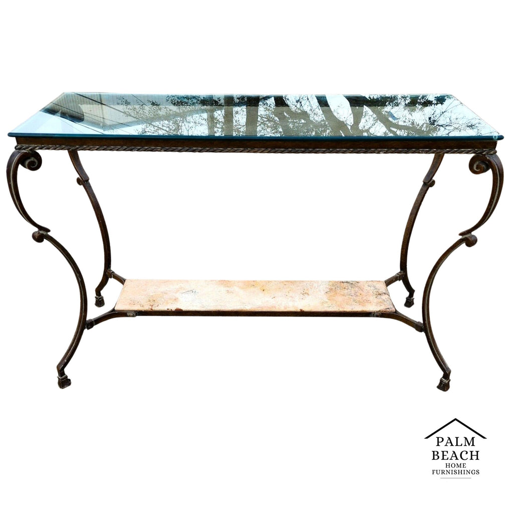 SHERRILL Patinated Console Table Metal Glass Marble 1970s