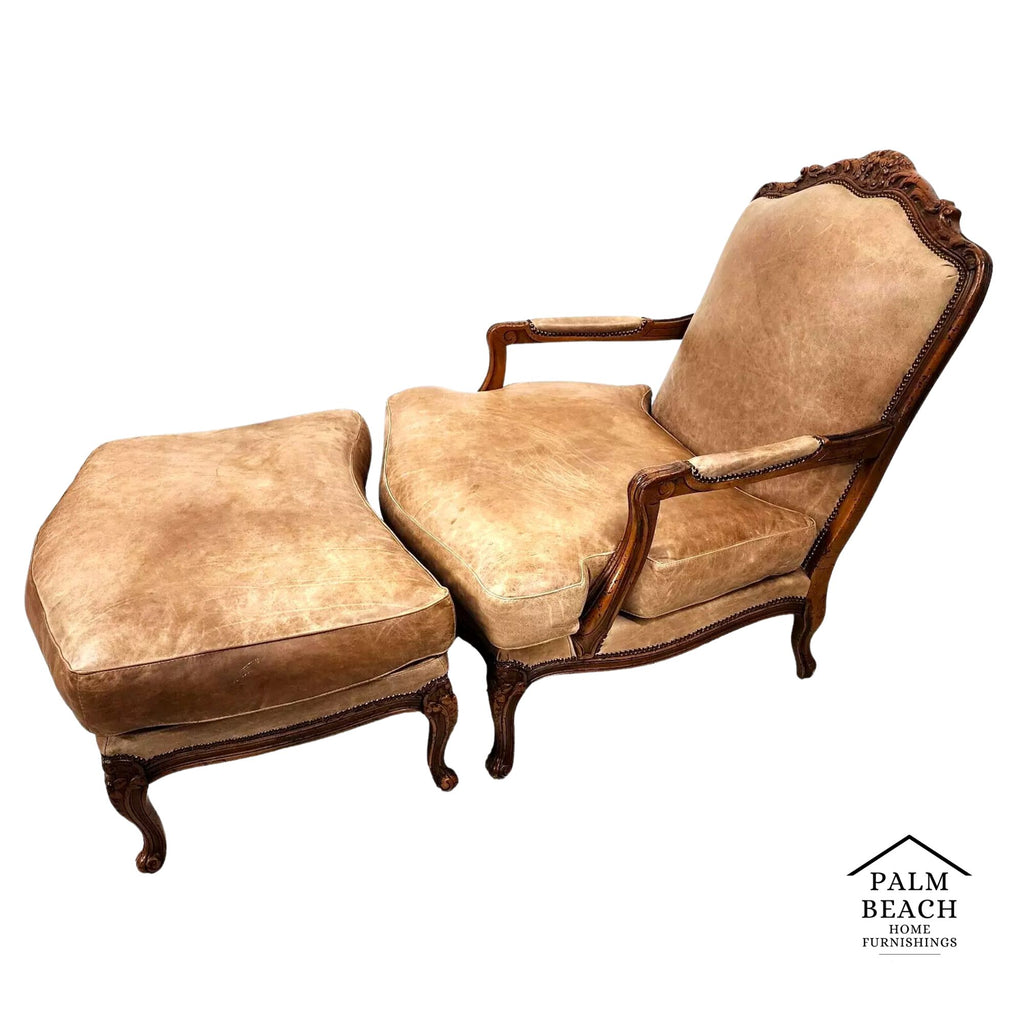 Chateau Dax Leather Lounge Chair & Ottoman French Provincial