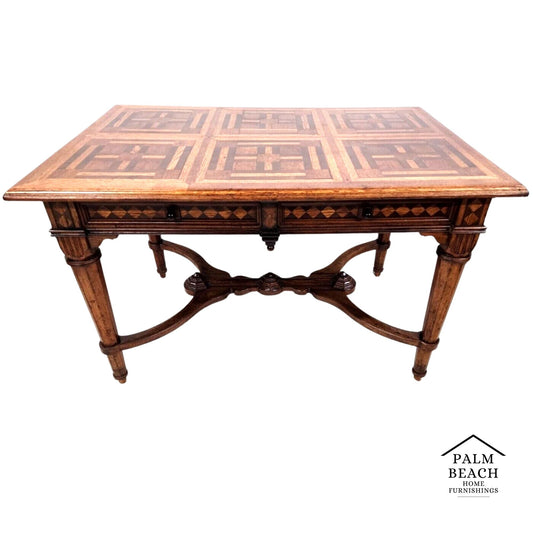 Antique Library Dining Table English 4 Drawer w Glass Top