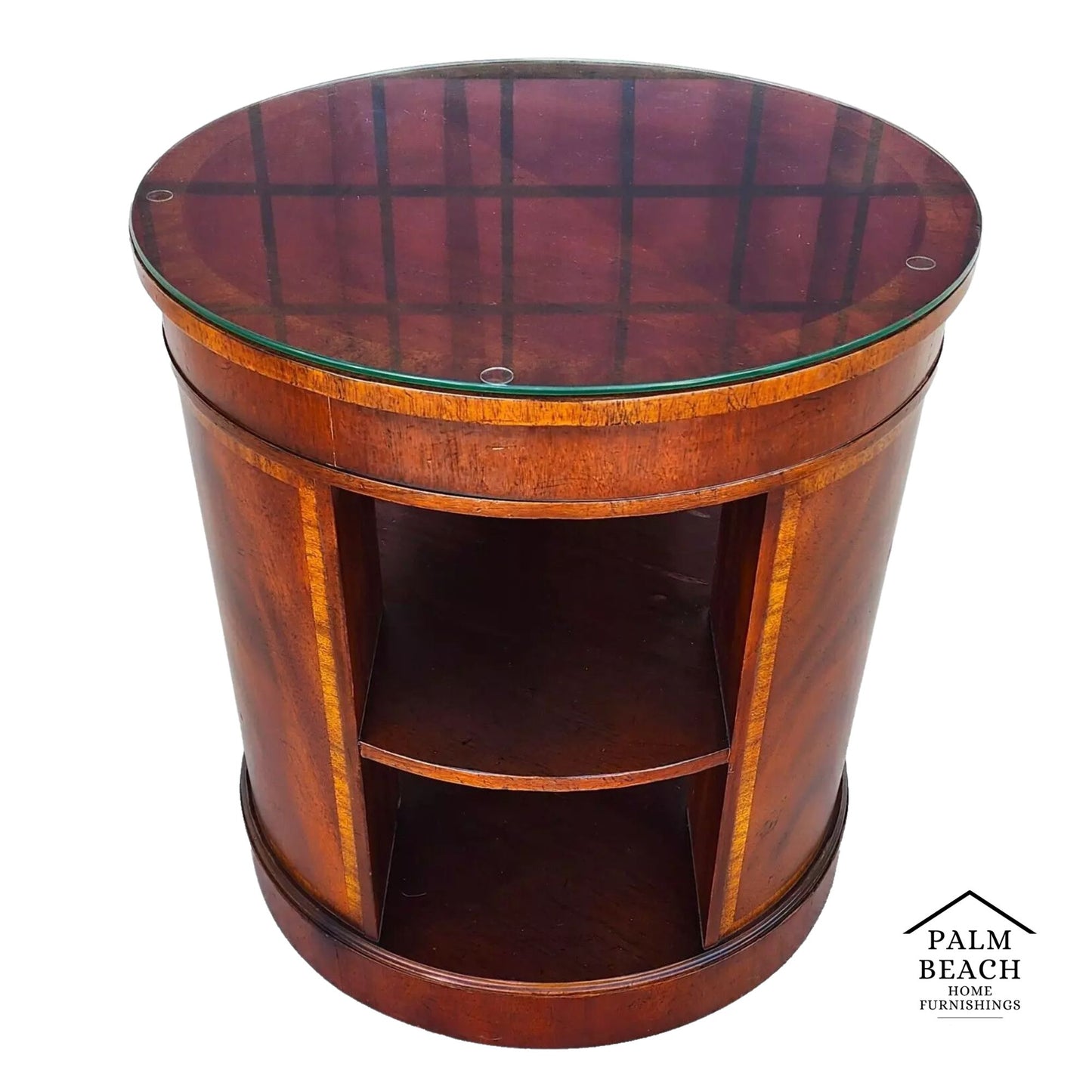 BAKER Drum Center Side Table Banded Mahogany Glass Top