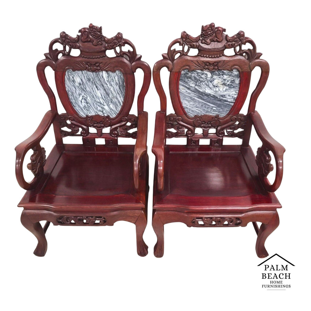 Mid Century Chinese Asian Rosewood & Marble Armchairs - A Pair