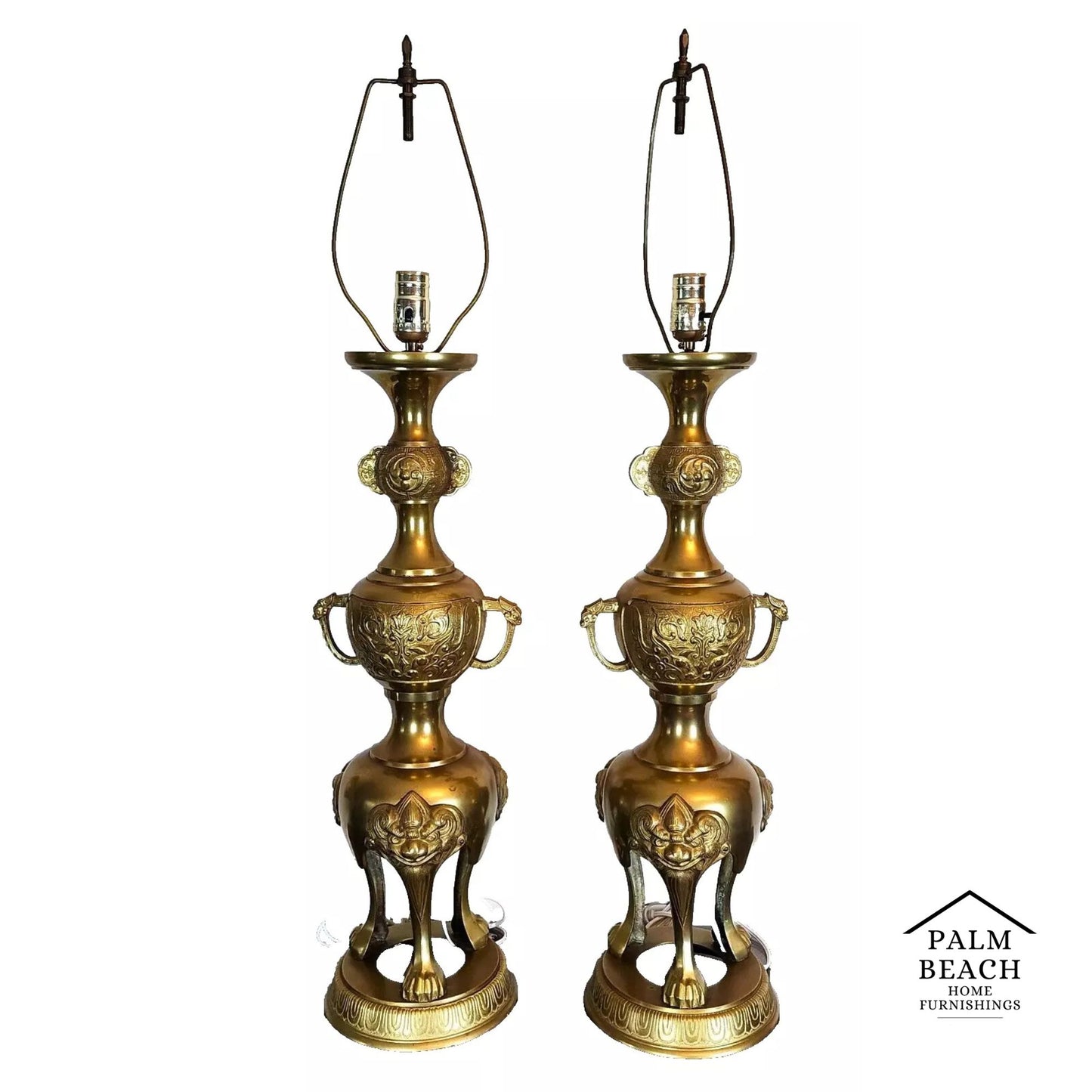 James Mont Style Foo Dog Chinoiserie Brass Lamps Vintage Pair