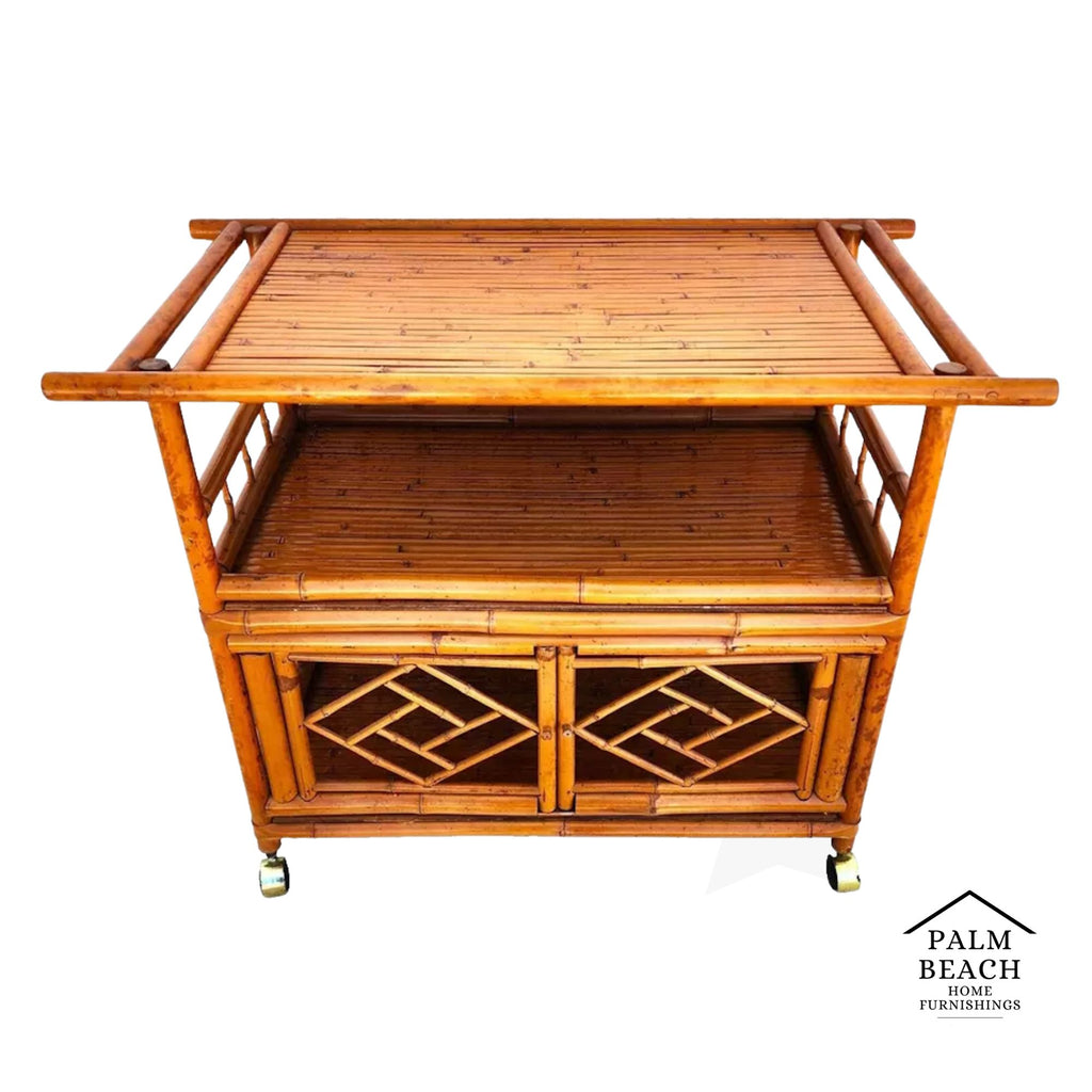 Asian Tiger Bamboo Bar Serving Cart Pagoda Vinatge