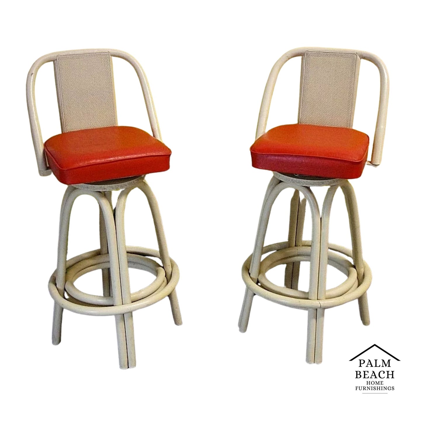 Set of 2 1960's Rattan Retro Mod Bamboo Cane Back Swivel Bar Stools