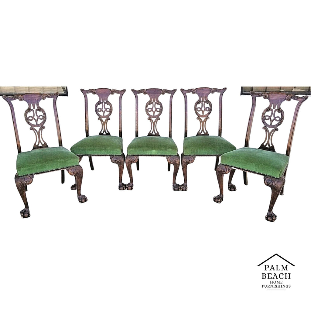 Set of 5 1800's English Oak Hand Carved Ball Claw Chippendale Dining Chairs