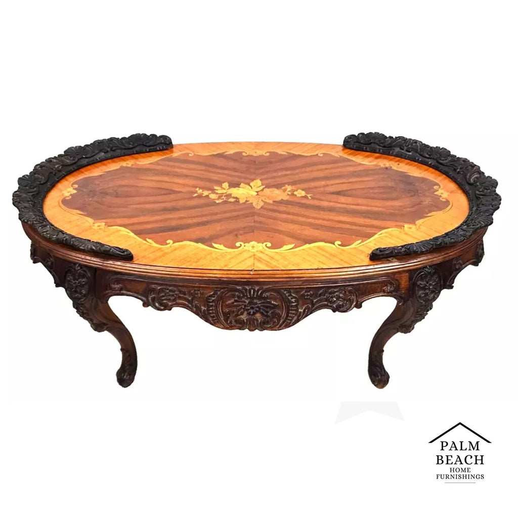 French Louis XV Coffee Table Walnut Marquetry