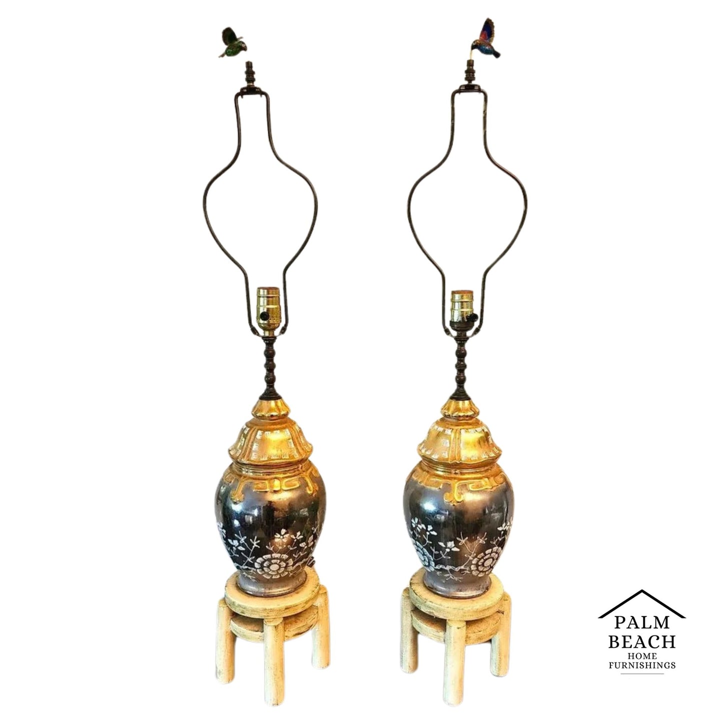 Vintage Asian Hummingbird Table Lamps Pair