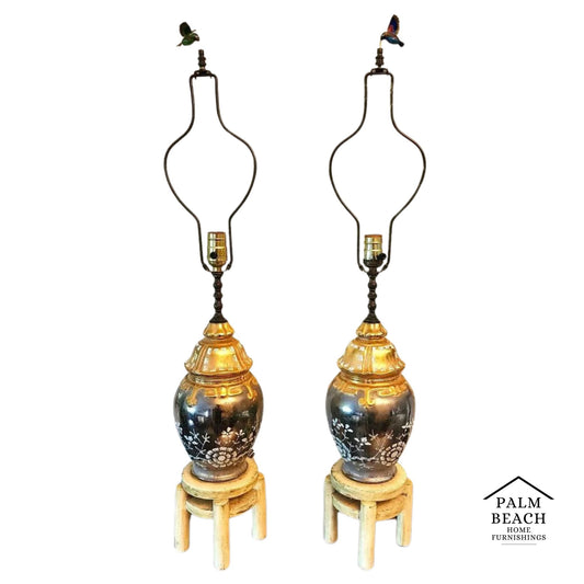 Vintage Asian Hummingbird Table Lamps Pair