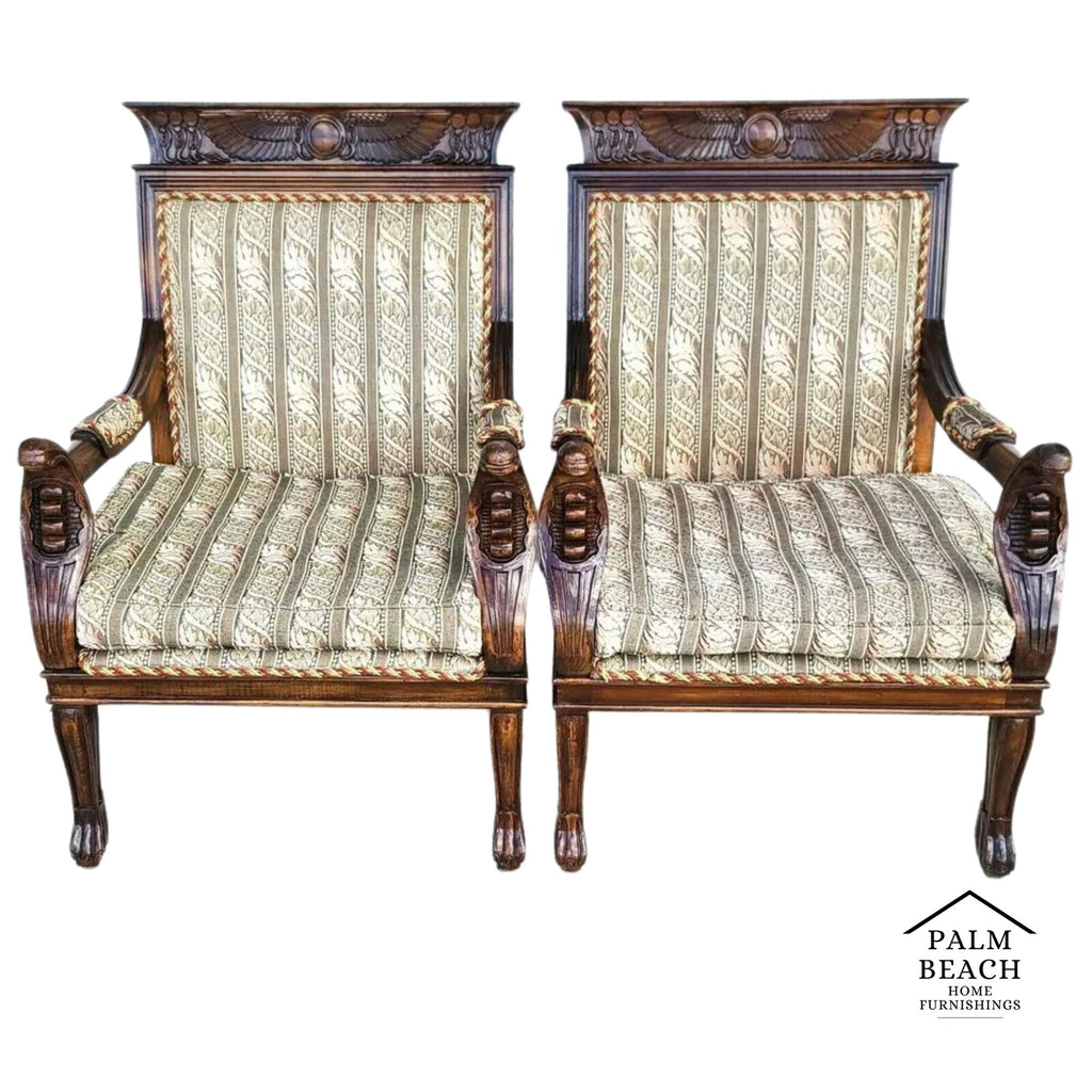 Egyptian Revival Carved Cobra & Isis Wings Mahogany Armchairs - A Pair