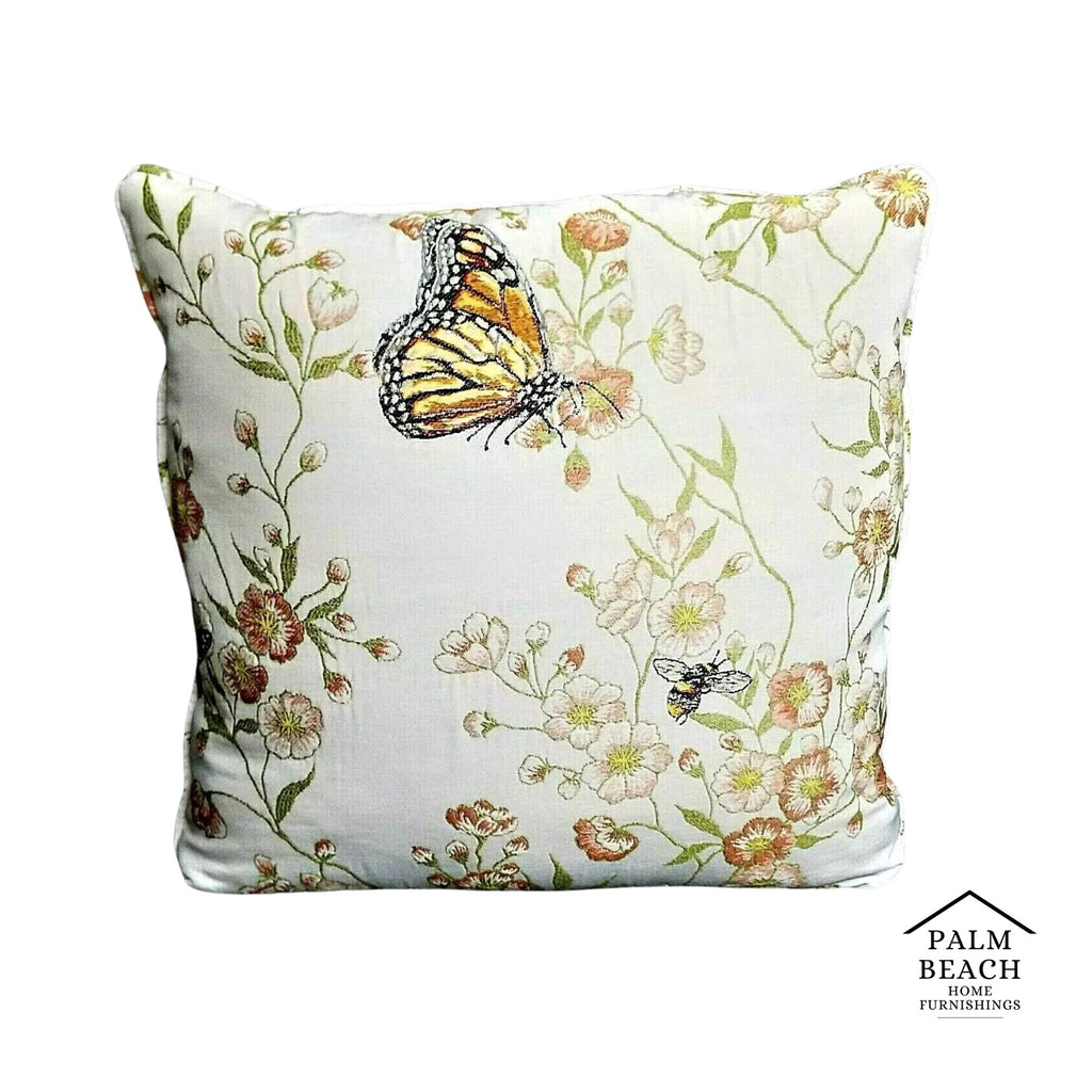 Embroidered Butterfly Bumblebee Floral Brocade Cotton & Down Throw Pillow