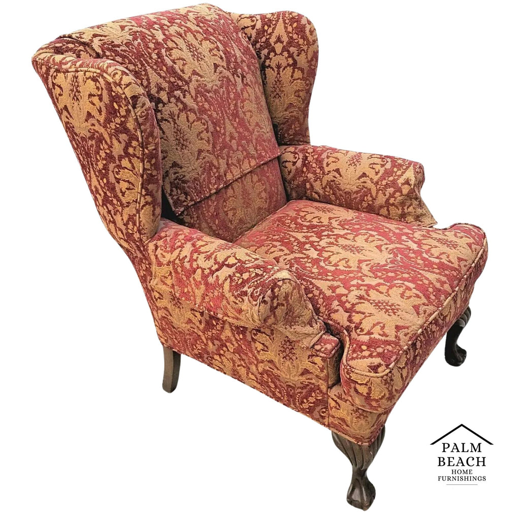 Chippendale Wingback Burnout Velvet Damask Mahogany Ball & Claw Down Armchair