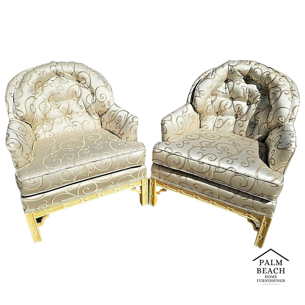 (2) Regency Asian Chinoiserie Style Tufted Barrel Back Club Lounge Armchairs