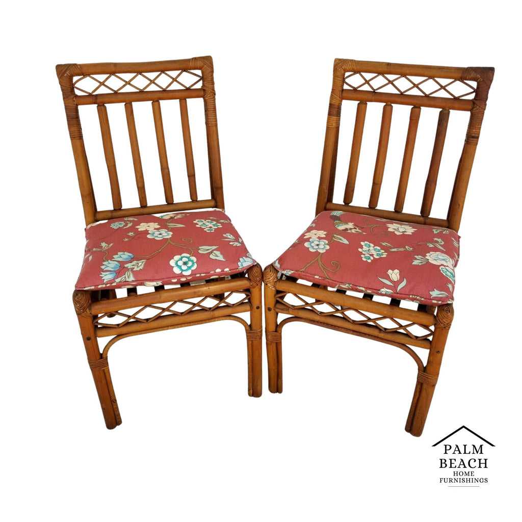 (2) Vintage MCM Bamboo Rattan Side Dining Accent Chairs